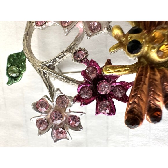 Crystal Rhinestone Flower Bee Brooch Pin Yellow Pink Silver-Tone 1-5/8” x 2-1/8” - Picture 7 of 9